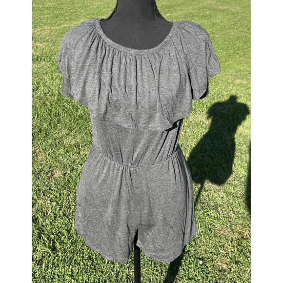 Ruffle Romper Womens Gray Off Shoulder Elastic Waist Knit Jersey Playsuit Casual - Picture 3 of 10